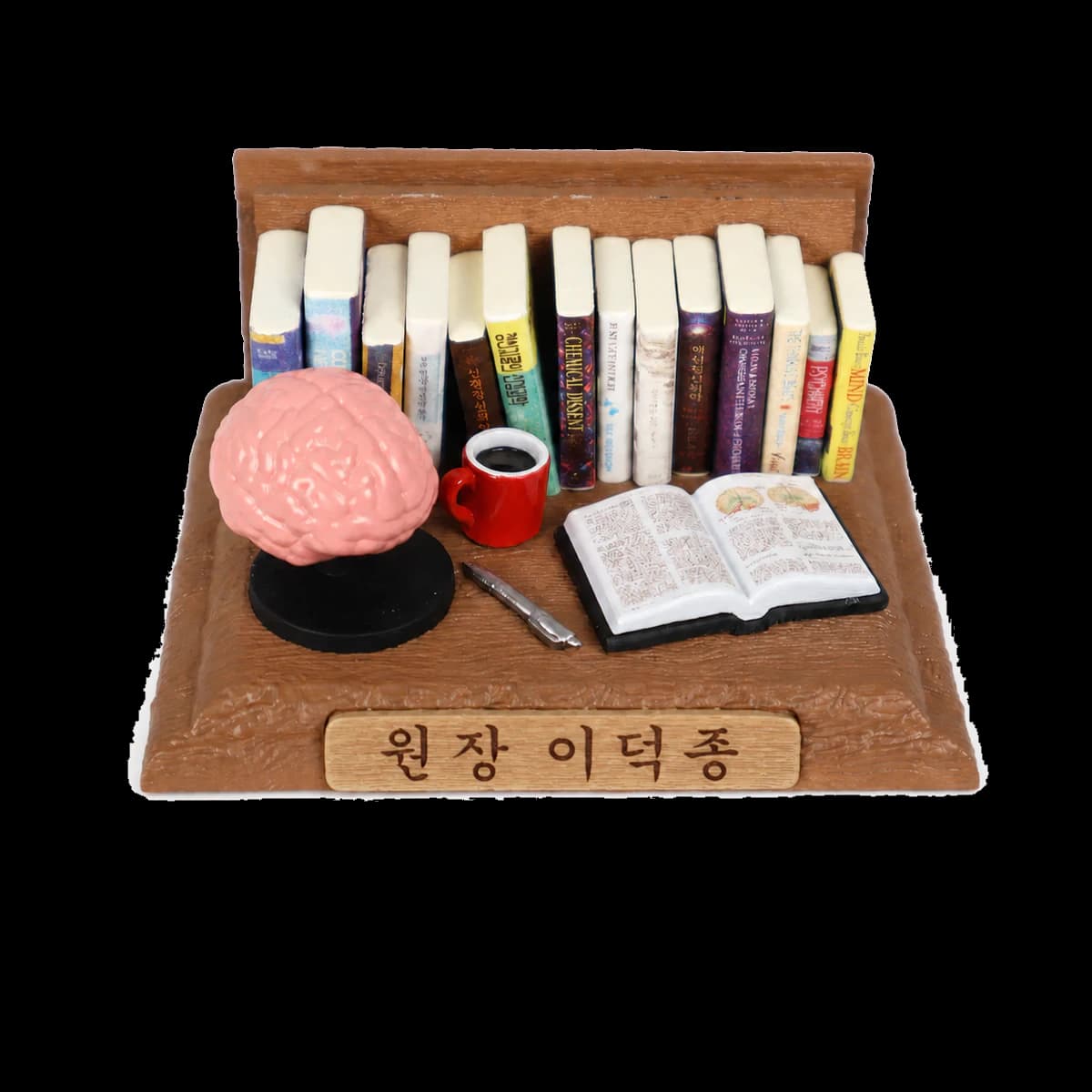 책장과 두뇌 모형으로 구성한 원장 명함꽂이 오브제